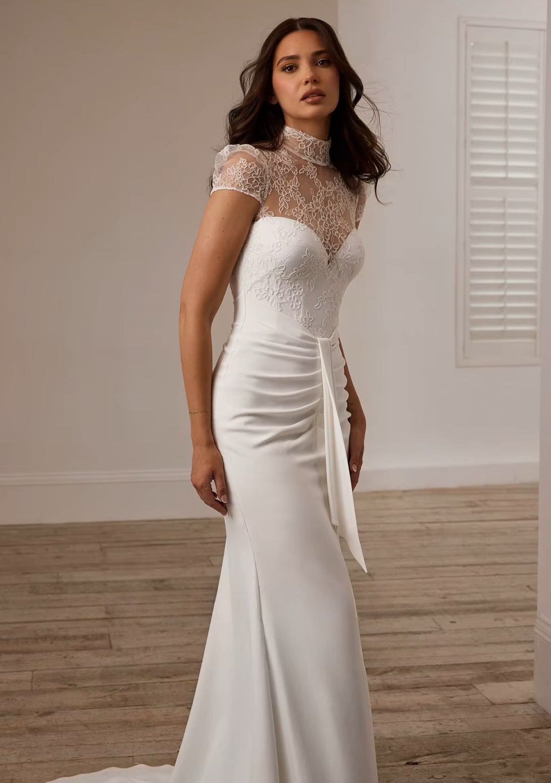 SoDigne Mermaid Lace/Satin Bride Dresses High Neck Short Sleeves Wedding Dress Long Bridal Gowns vestidos de novia Customized 3 SoDigne Mermaid Lace/Satin Bride Dresses High Neck Short Sleeves Wedding Dress Long Bridal Gowns vestidos de novia Customized - Image 3