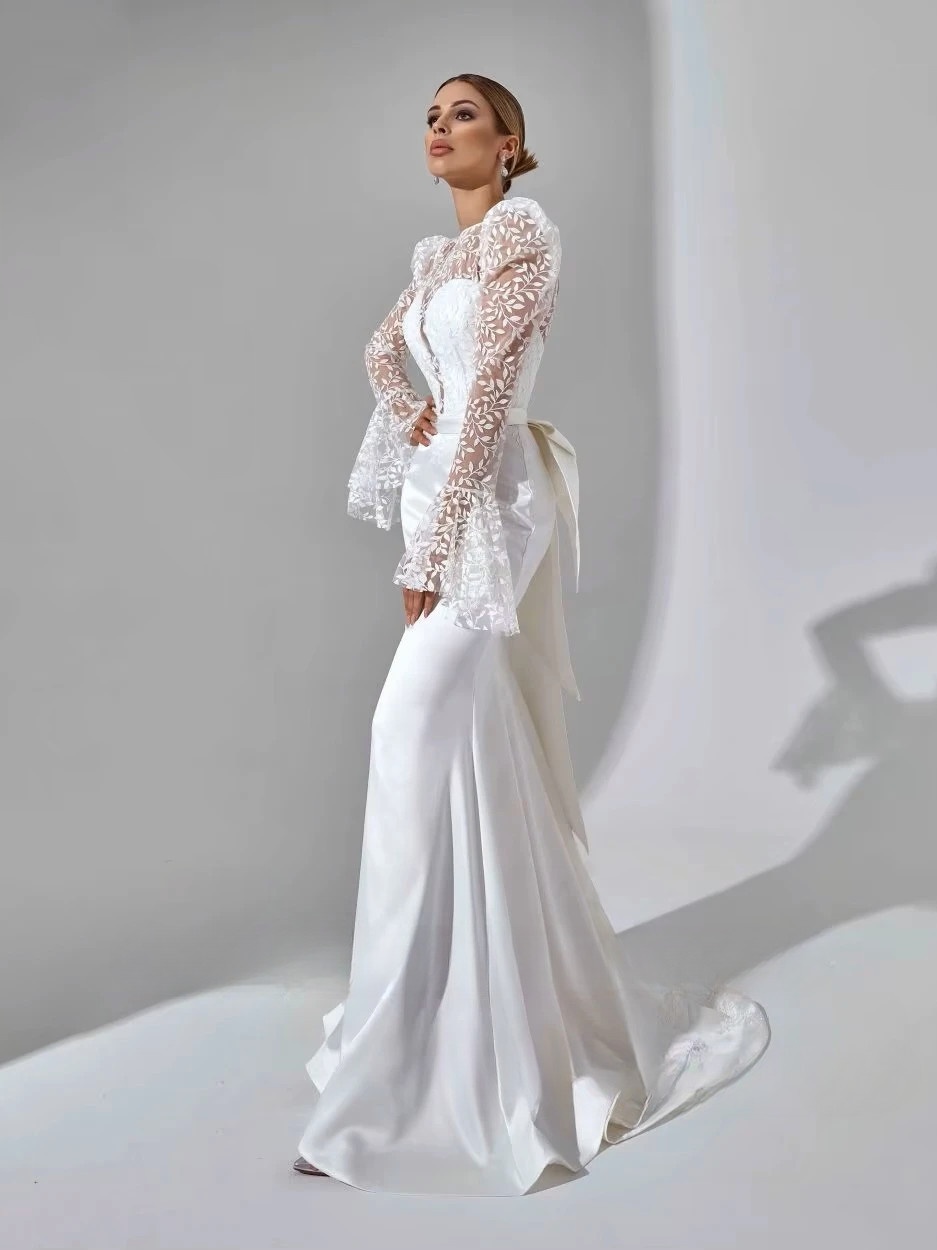 SoDigne Mermaid Satin Bride Dresses Appliques Full Sleeves Wedding Dress Long Bridal Gowns with Bow Robe De Mairee Customized 2 SoDigne Mermaid Satin Bride Dresses Appliques Full Sleeves Wedding Dress Long Bridal Gowns with Bow Robe De Mairee Customized - Image 2