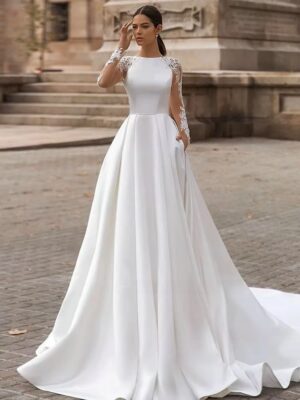 SoDigne A-line Satin Wedding Dresses O-neck Appliques Full Sleeves Bridal Dress Long Bride Gown vestidos de novia Customized