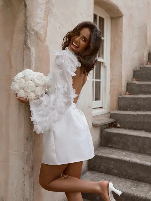 Boho Mini 2 Piece Wedding Dress Sexy Open Back O-Neck Bride Dress Beach Long Sleeves Pleat 3D Flower Lace Satin Gowns Customized 2 Boho Mini 2 Piece Wedding Dress Sexy Open Back O-Neck Bride Dress Beach Long Sleeves Pleat 3D Flower Lace Satin Gowns Customized - Image 2