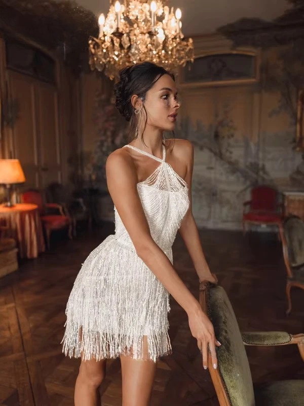 Customized Luxury Short Sheath Wedding Dress Simple Tassel Ivory Sexy Backless Sleeveless Pleat Halter Mini Bridal Gown Vestidos 1 Customized Luxury Short Sheath Wedding Dress Simple Tassel Ivory Sexy Backless Sleeveless Pleat Halter Mini Bridal Gown Vestidos