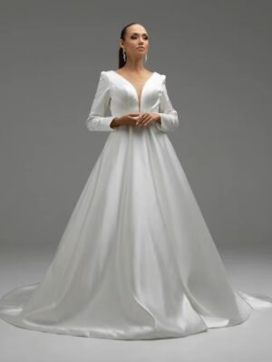 SoDigne A-line Satin Wedding Dresses V-neck Full Sleeves Bride Dress Elegant Long Wedding Gown vestidos de novia Customized